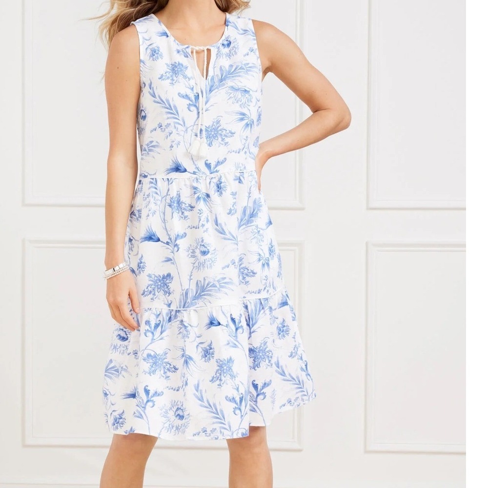 Talbots Linen Blend Swing Dress Tiered Ocean Floral White Blue Sleeveless Med P